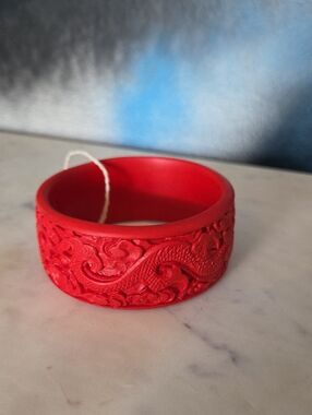 Vintage Cinnabar Carved Dragon Bangle Bracelet - 1940's 1950's